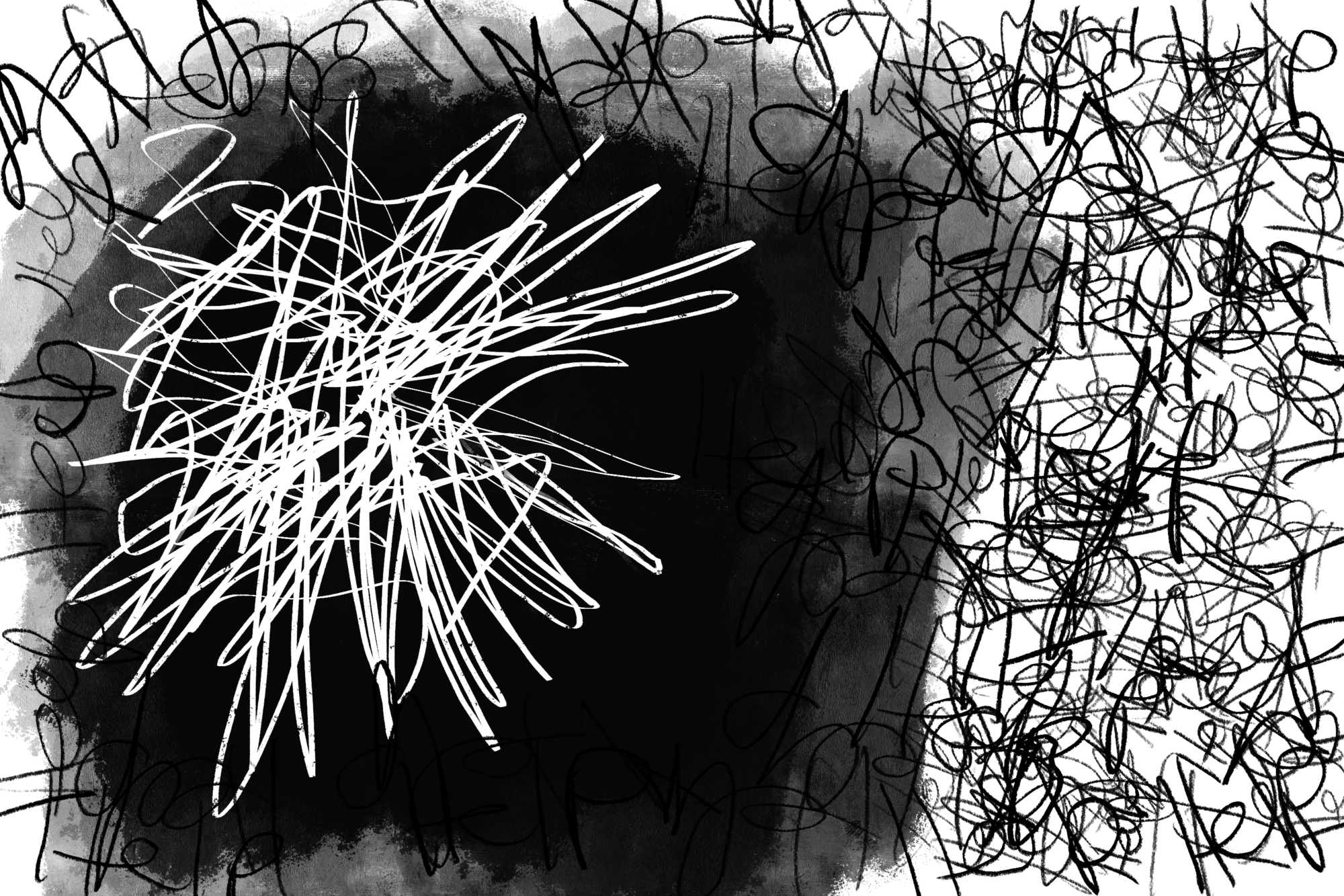 abstract artwork with a white burst of lines on top of a black void, and the word help written repeatedly in the surrounding white of the page, scribbled, layered, and nearly illegible