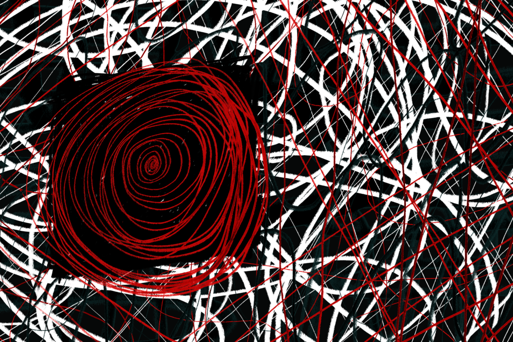 an abstract artwork with a dark background, white, red and dark teal lines scribbled and chaotic in the midground, and a big black square with a bright red spiral in ballpoint pen in the foreground to the left, as if the spiral is descending into or rising up out of a void.