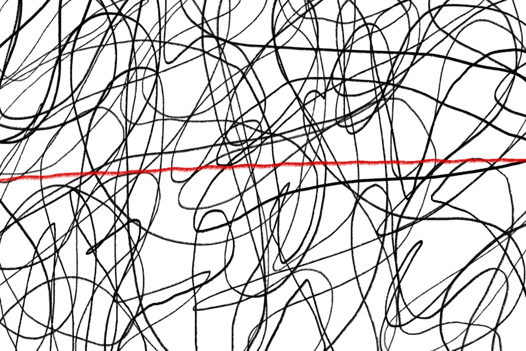 abstract artwork, black scribbles on a white background with a red line crossing from one side of the image to the other.